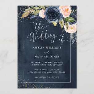 Gold Navy Floral Watercolor The Wedding of Wedding Invitation