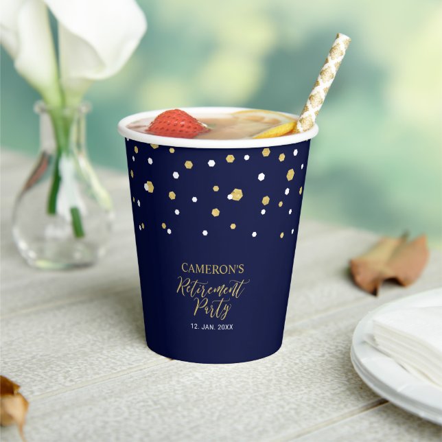 Gold & Navy Geometric Confetti Retirement Party Paper Cups (Insitu)