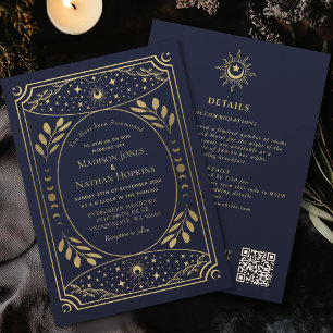 Gold Navy Gothic Vintage Tarot Wedding QR Code Invitation