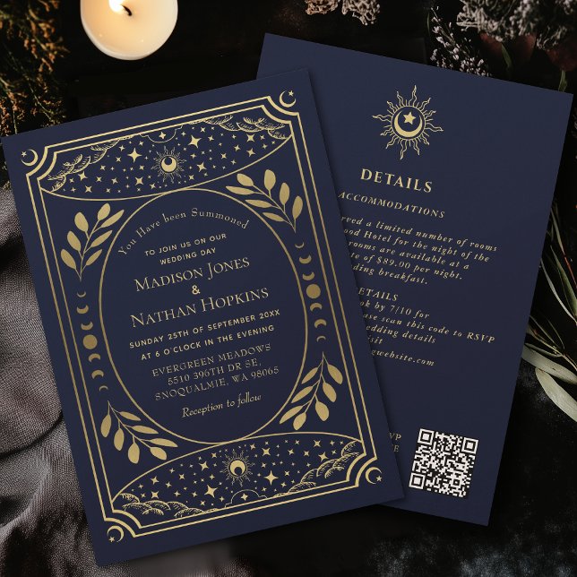 Gold Navy Gothic Vintage Tarot Wedding QR Code Invitation (Creator Uploaded)