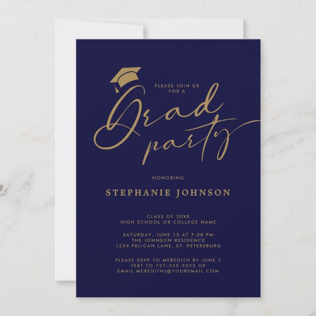 Gold Navy Grad Cap Calligraphy Graduation Party Invitation (Front)