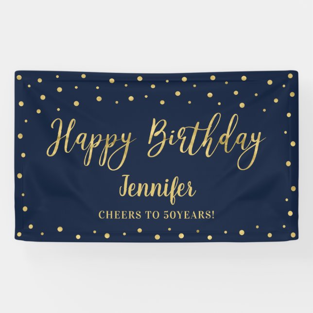 Gold & Navy Happy Birthday Party Banner (Horizontal)