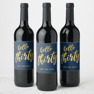 Gold Navy "Hello Thirty" Birthday Wine Label