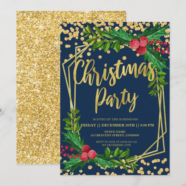 Gold Navy Holly Glitter Confetti Christmas Invitation (Front/Back)