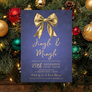 Gold Navy Jingle Mingle Christmas Party Bow Snow  Invitation
