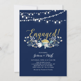Gold & Navy   Lights Boho Floral Engagement Party  Invitation