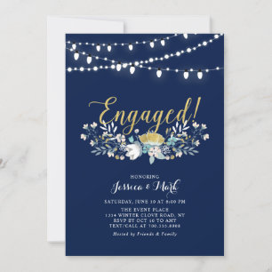 Gold & Navy Lights Boho Floral Engagement Party Invitation
