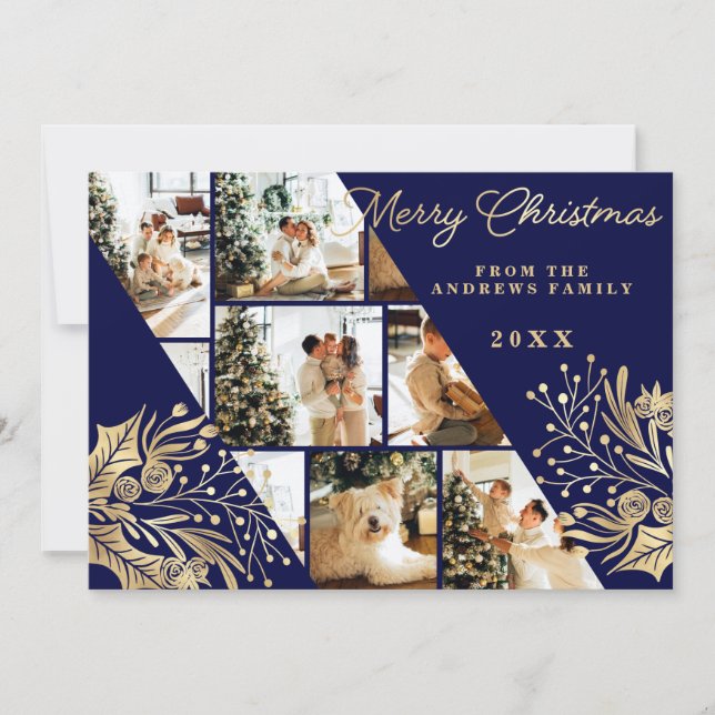 Gold Navy Merry Christmas Floral Photo Collage Holiday Card (Front)