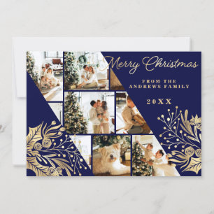 Gold Navy Merry Christmas Floral Photo Collage Holiday Card