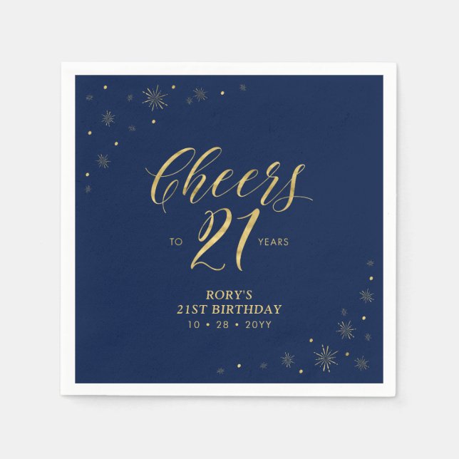 Gold & Navy | Modern 21st Birthday Party Napkin (Front)