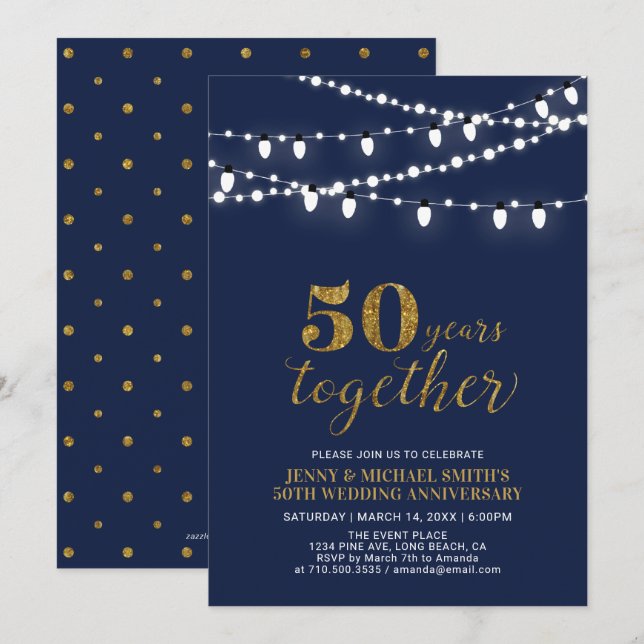 Gold & Navy | Modern 50th Wedding Anniversary Invitation (Front/Back)