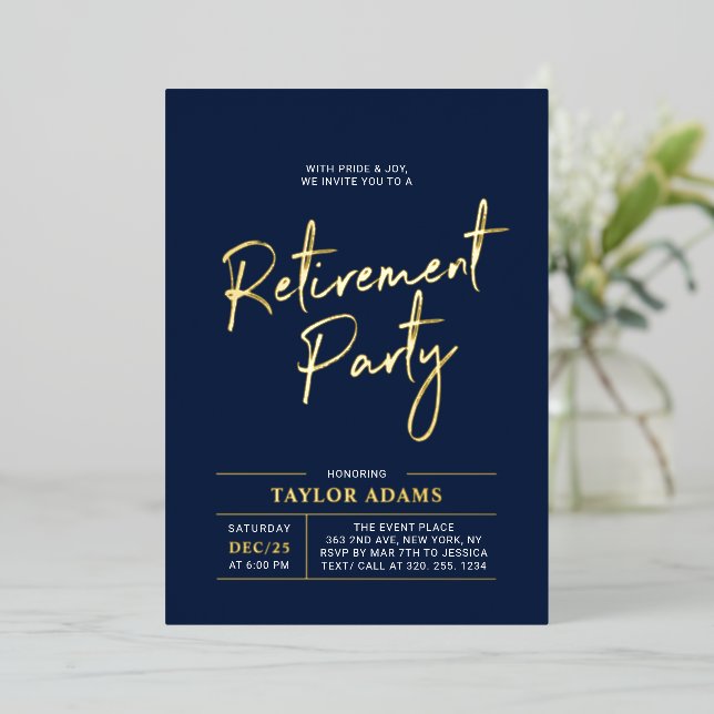 Gold & Navy Modern Brush Script Retirement Party (Standing Front)