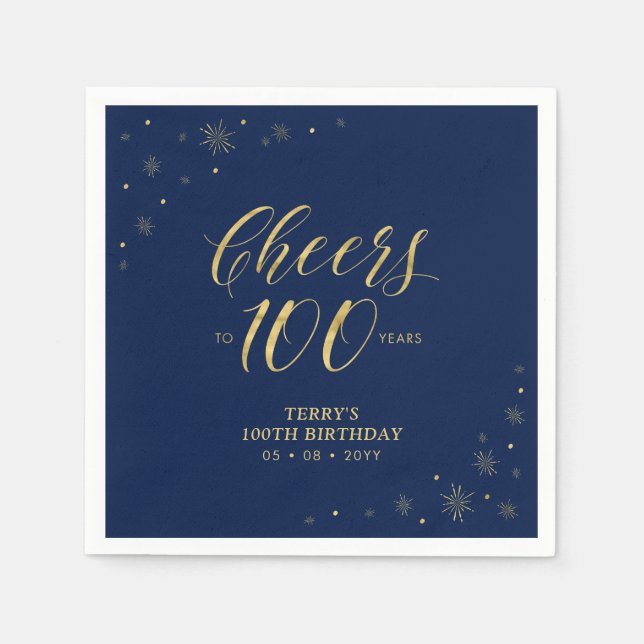 Gold & Navy | Modern Cheers 100th Birthday Party Napkin (Front)