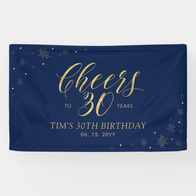 Gold & Navy Modern Cheers 30th Birthday Party Banner (Horizontal)