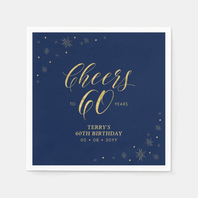 Gold & Navy | Modern Cheers 60th Birthday Party Napkin (Front)