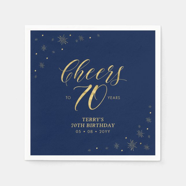 Gold & Navy | Modern Cheers 70th Birthday Party Napkin (Front)