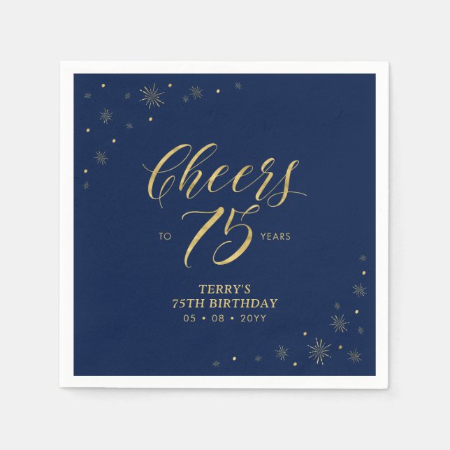Gold & Navy | Modern Cheers 75th Birthday Party Napkin (Front)