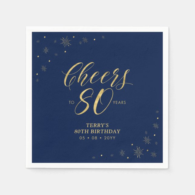 Gold & Navy | Modern Cheers 80th Birthday Party Napkin (Front)