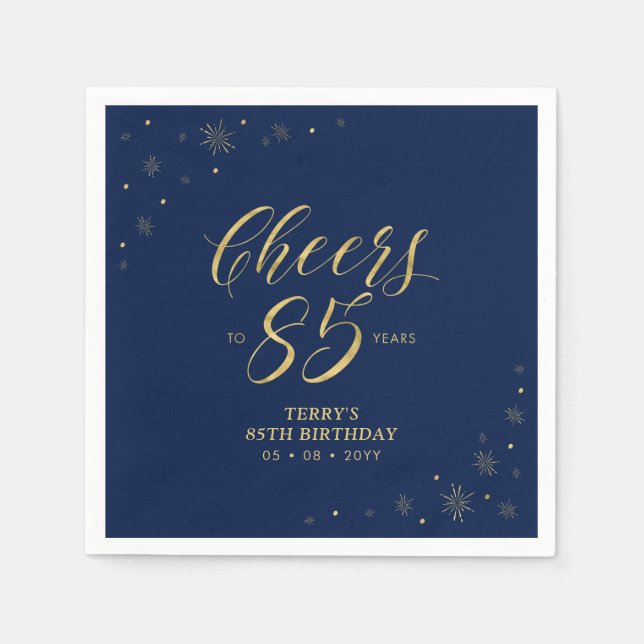 Gold & Navy | Modern Cheers 85th Birthday Party Napkin (Front)