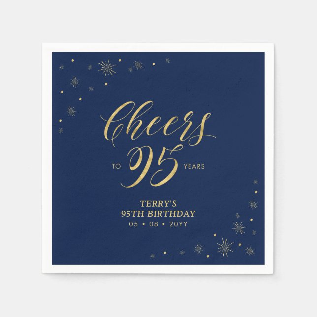 Gold & Navy | Modern Cheers 95th Birthday Party Napkin (Front)