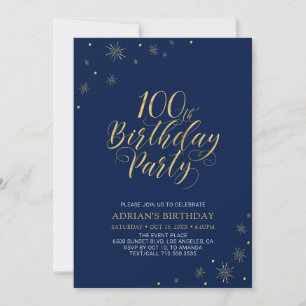 Gold & Navy Modern Chic 100th Birthday Party Invitation