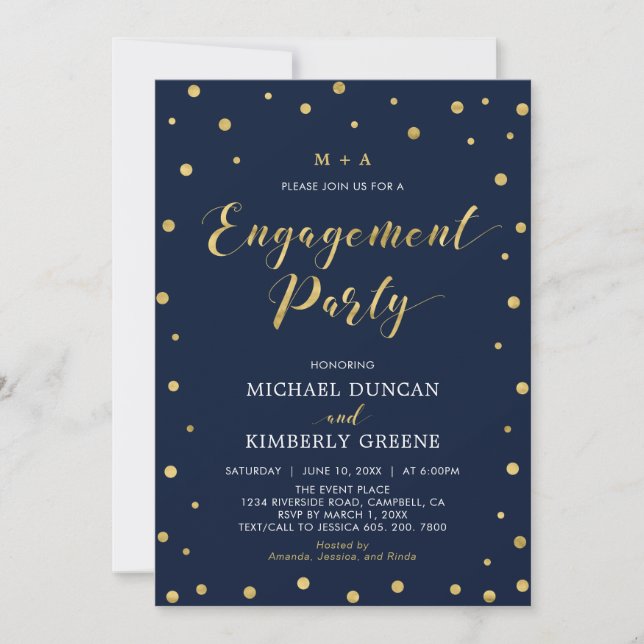Gold & Navy | Modern Confetti Engagement Party Inv Invitation (Front)