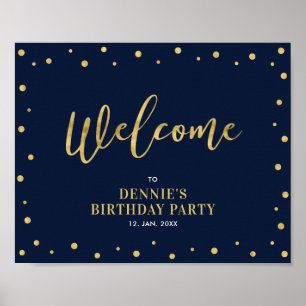 Gold & Navy   Modern Confetti Welcome Party Sign