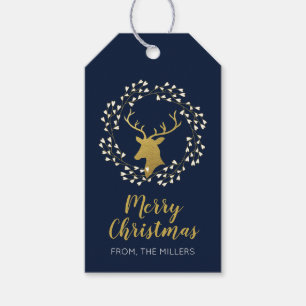 Gold & Navy   Modern Deer Merry Christmas Gift Tag