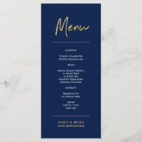 Gold & Navy Modern Lettering Birthday Party Menu