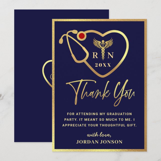 Gold Navy Modern Nursing School Graduation Thank Y Thank You Card (Front/Back)