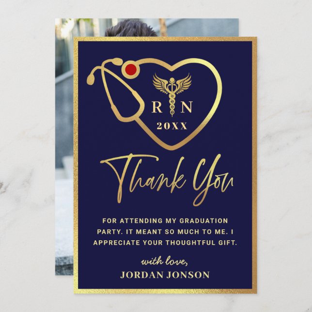 Gold Navy Modern Nursing School Graduation Thank You Card (Front/Back)