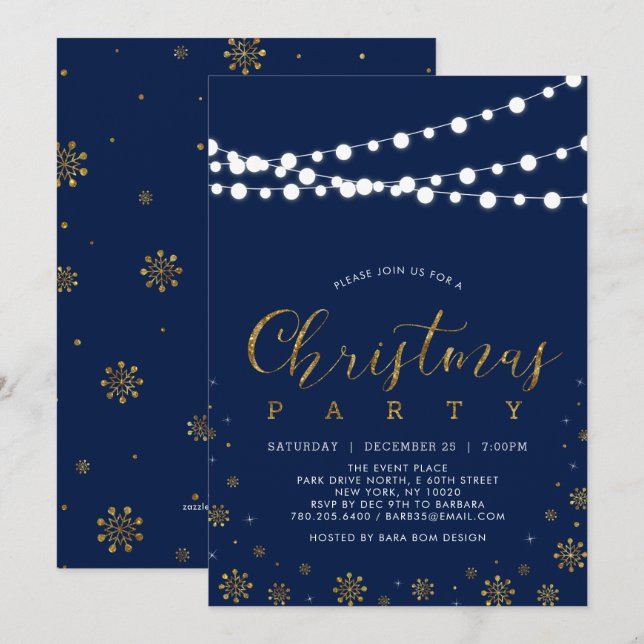 Gold & Navy | Modern Snowflakes Christmas Party Invitation (Front/Back)