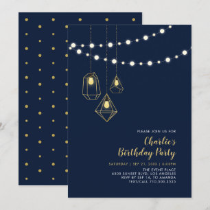 Gold & Navy   Modern String Lights Birthday Party Invitation