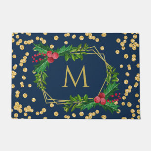 Gold Navy Monogram Merry Christmas Holly Glitter Doormat