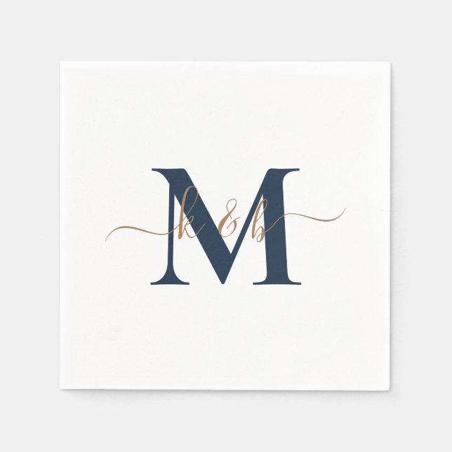 Gold & Navy Monogram Swash Script White Cocktail  Napkin (Front)
