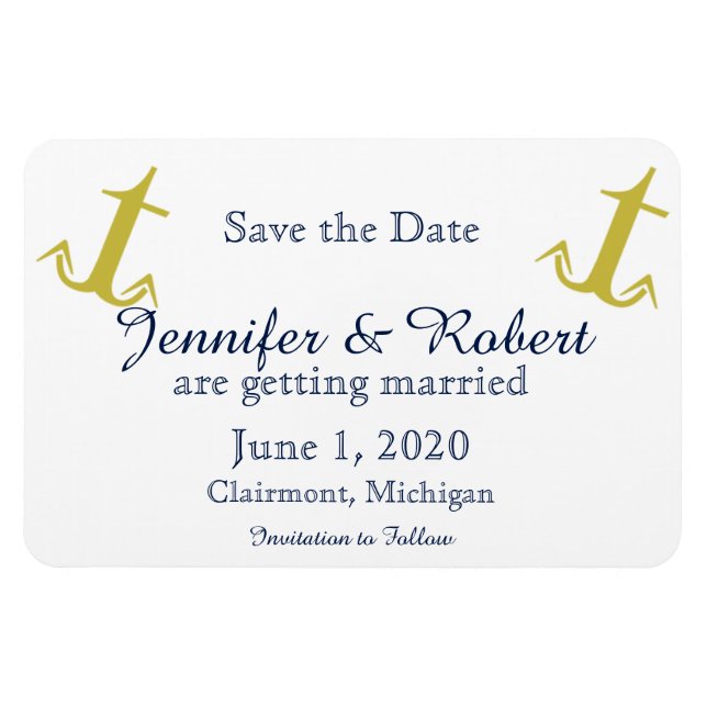 Gold Navy Nautical Anchor Wedding Save the Date Magnet (Horizontal)
