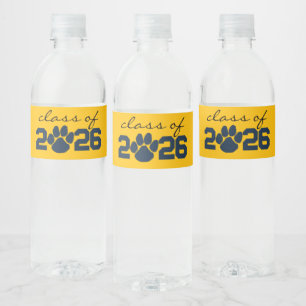 Gold & Navy Paw Print Graduation Water Bottle Label