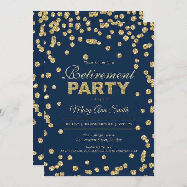 Gold Navy Retirement Party Glitter Confetti Invitation (Front/Back)