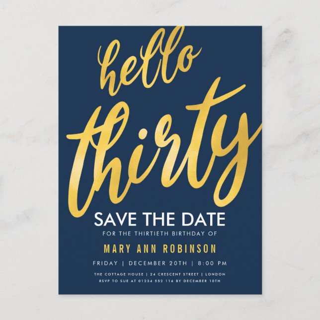 Gold Navy Save Date Thirty Birthday Party Postcard (Front)