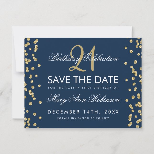 Gold Navy Save the Date 21st Birthday Confetti (Front)