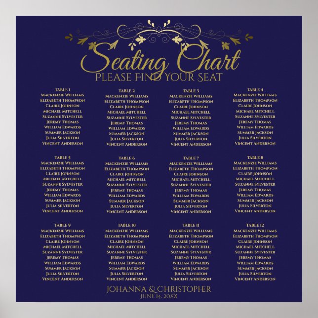 Gold & Navy Simple 12 Table Wedding Seating Chart (Front)