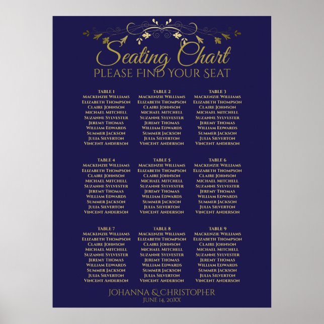 Gold & Navy Simple 9 Table Wedding Seating Chart (Front)