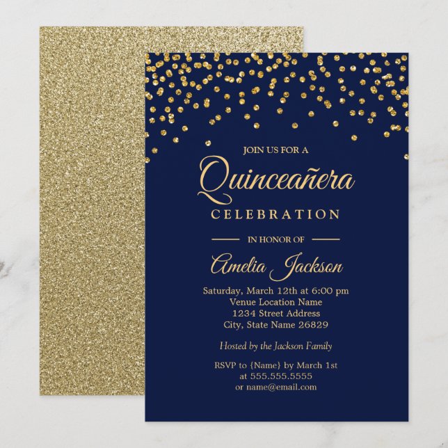 Gold Navy Sparkle Confetti Quinceanera Invite (Front/Back)