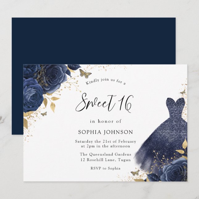 Gold & Navy Sparkle Dress Rose Sweet 16 Party Invitation (Front/Back)