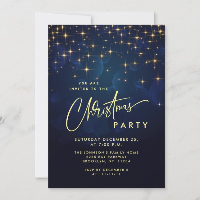 Gold Navy Sparkle Lights Christmas Holiday Party Invitation (Front)