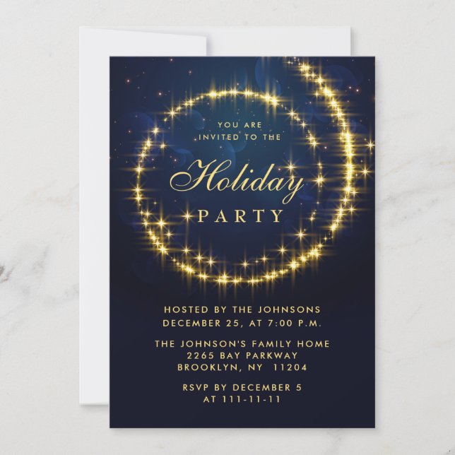 Gold Navy Sparkle Lights Christmas Holiday Party Invitation (Front)
