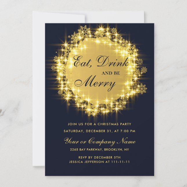 Gold Navy Sparkle Lights Christmas Holiday Party Invitation (Front)