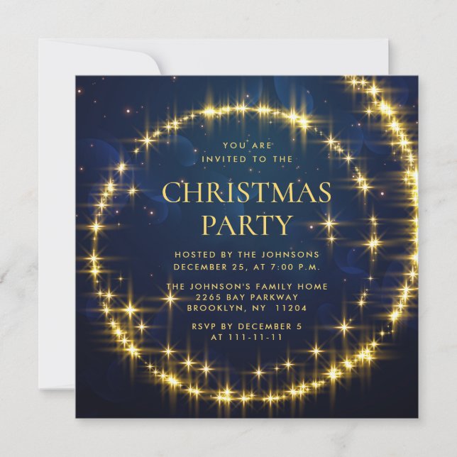 Gold Navy Sparkle Lights Christmas Holiday Party Invitation (Front)