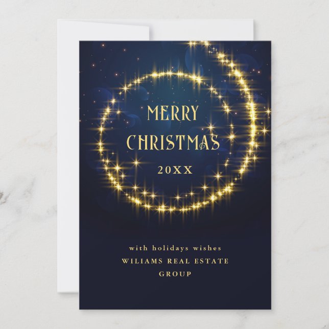 Gold Navy Sparkle Lights Corporate Christmas Holiday Card (Front)
