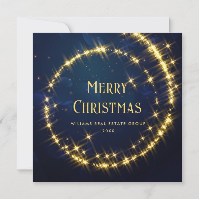 Gold Navy Sparkle Lights Corporate Christmas Holiday Card (Front)